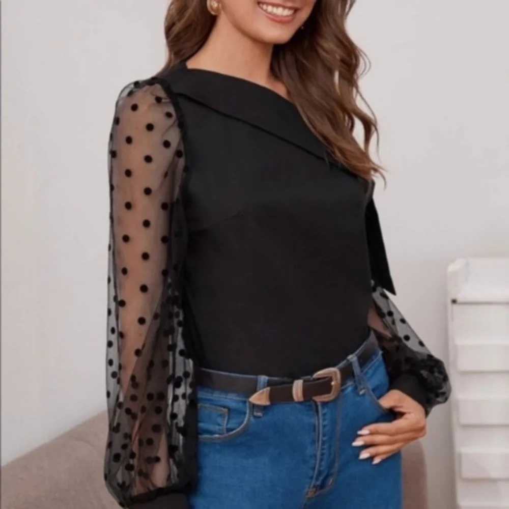 Black Polka Dot One Shoulder Sheer Sleeve Blouse - Picture 4 of 6